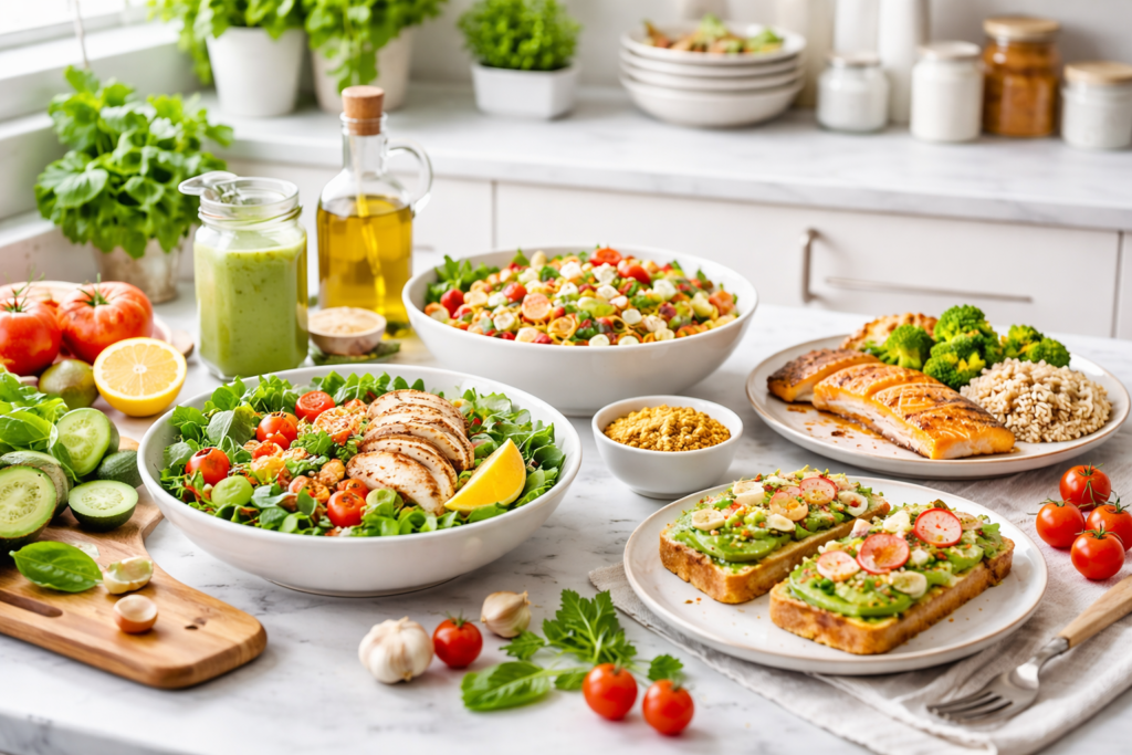 Healthy meals and fresh ingredients displayed in a bright modern kitchen