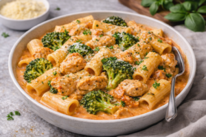 Creamy tomato chicken and broccoli rigatoni in a bowl