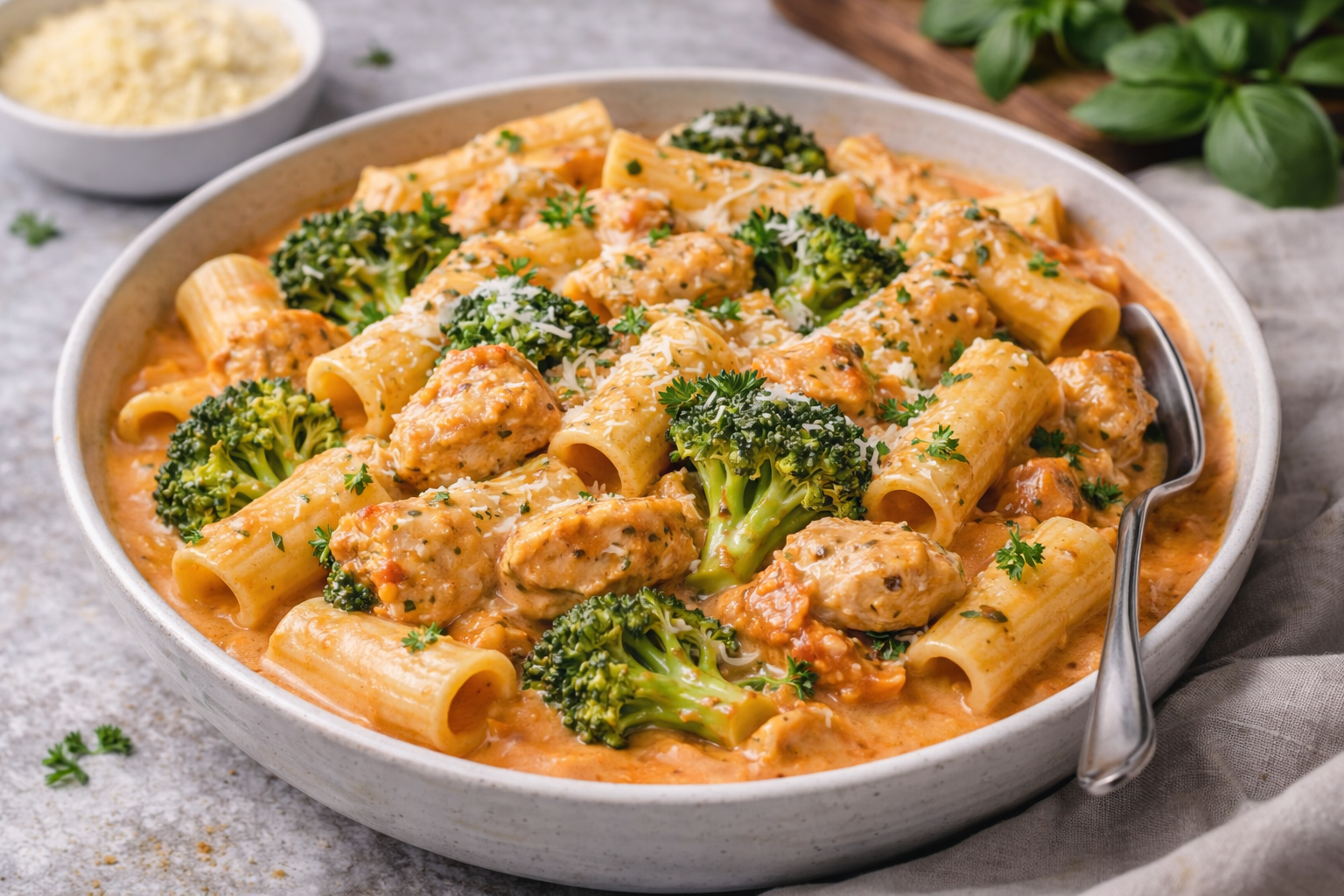 Creamy tomato chicken and broccoli rigatoni in a bowl