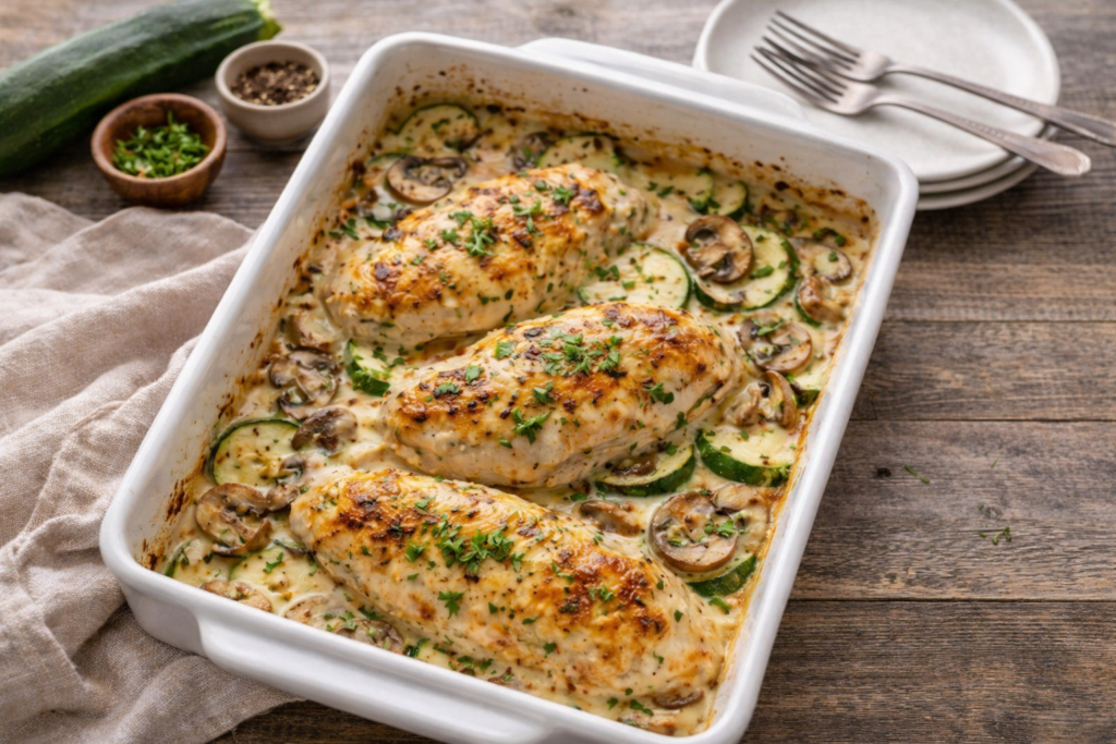 Creamy Chicken & Mushroom Zucchini Bake