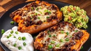 Stuffed sweet potatoes topped with seasoned ground beef, melted cheese, green onions, served with guacamole and sour cream
