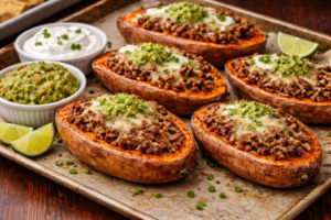 Loaded ground beef stuffed sweet potatoes topped with melted cheese, with sour cream and guacamole on the side