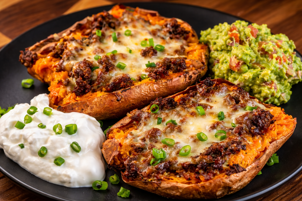 Stuffed sweet potatoes topped with seasoned ground beef, melted cheese, green onions, served with guacamole and sour cream