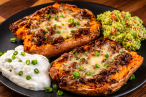 Stuffed sweet potatoes topped with seasoned ground beef, melted cheese, green onions, served with guacamole and sour cream