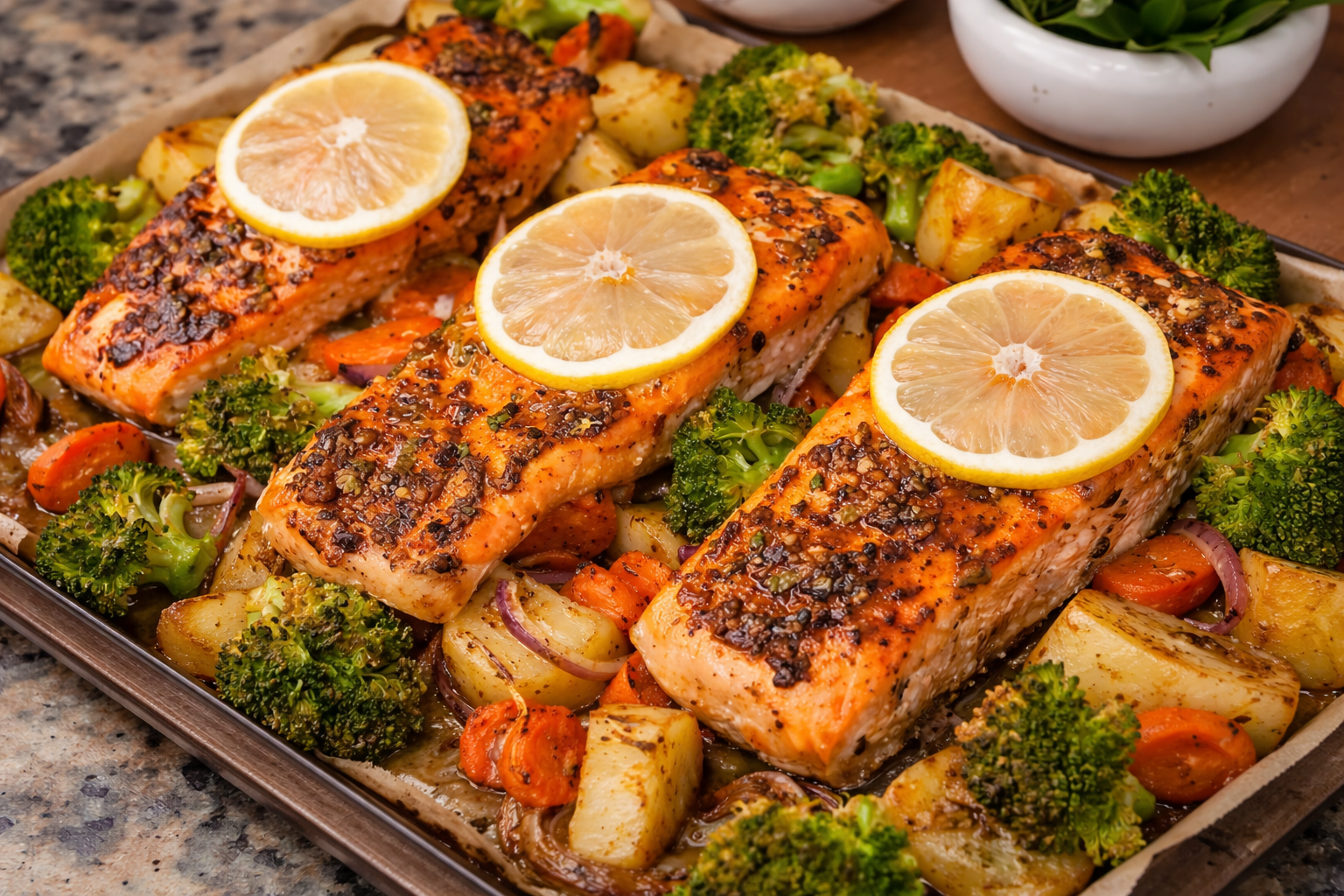 Oven baked salmon fillets with roasted vegetables including potatoes, carrots, broccoli, and onions topped with lemon slices on a tray