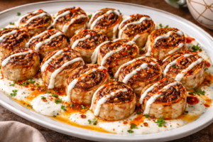 Baked meat tortilla rolls served over yogurt and drizzled with melted butter