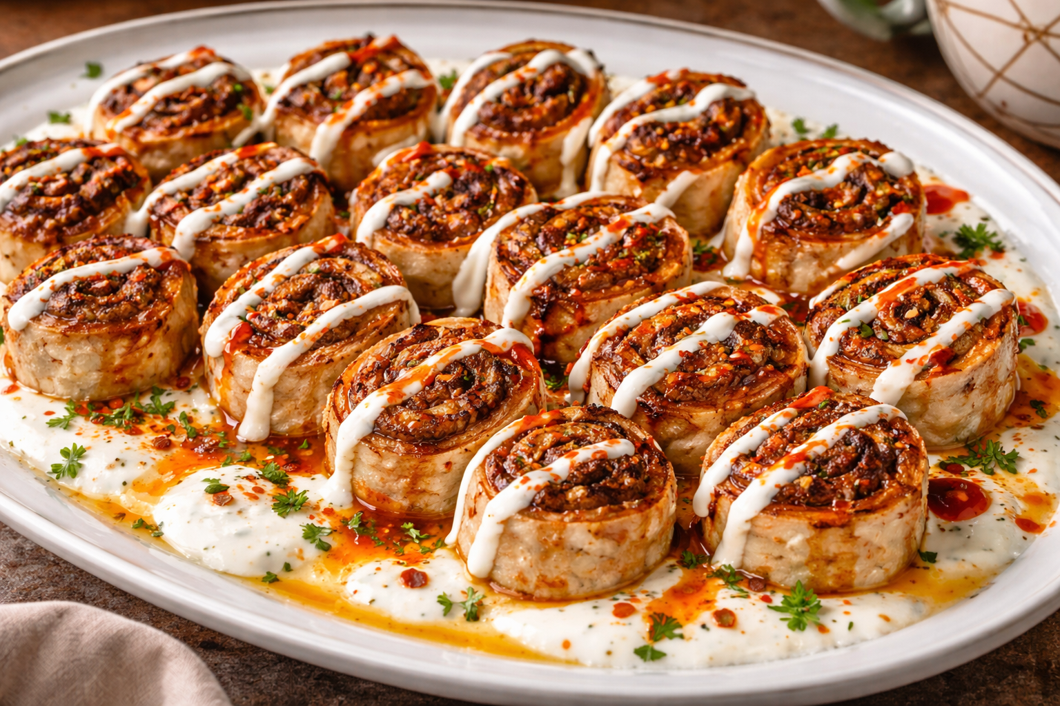Baked meat tortilla rolls served over yogurt and drizzled with melted butter